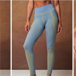 Fabletics Light Blue Leggings with Yellow Contrast Lines